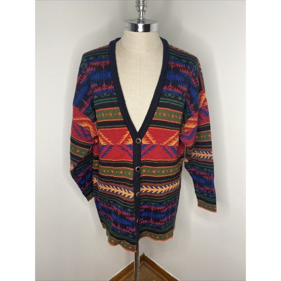 Vintage Kathryn Deene Wool Cardigan Sweater 22 24 Southwestern Western Print - Picture 1 of 8